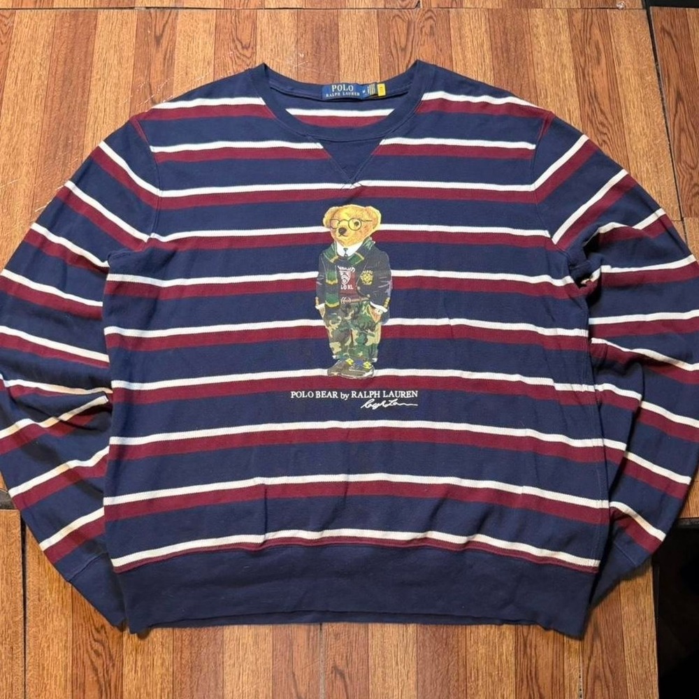 Polo Ralph Lauren Blue Striped Polo Bear Sweatshirt Medium